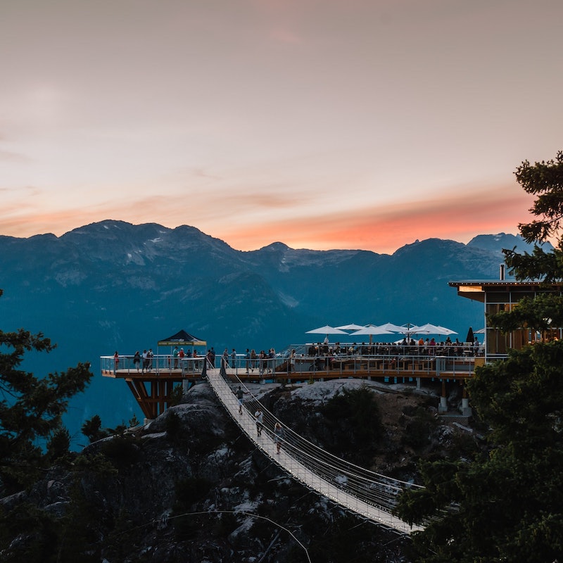 The Sea to Sky Gondola is a cable car in British Columbia, Canada, which whisks passengers 885 meters up the mountainside in 10 minutes. From up there, visitors can enjoy the breathtaking views over the fjords of Howe Sound, Shannon Falls, and the Pacific Coast Mountains.